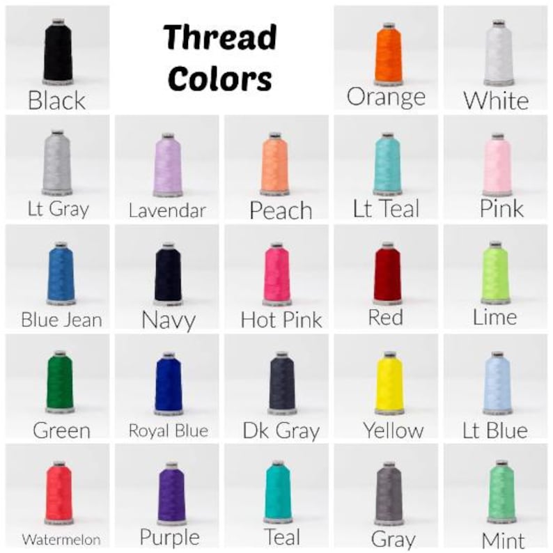 Puede incluir: Una cuadr&iacute;cula de veinticinco carretes de hilo de bordar en varios colores, etiquetados con texto que incluye Black, Orange, White, Lt Gray, Lavendar, Peach, Lt Teal, Pink, Blue Jean, Navy, Hot Pink, Red, Lime, Green, Royal Blue, Dk Gray, Yellow, Lt Blue, Watermelon, Purple, Teal, Gray y Mint, con el t&iacute;tulo Thread Colors.