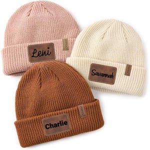 Personalized Baby Beanie – Custom Engraved Leather Patch - Custom Baby Kids Child Baby Newborn Beanie