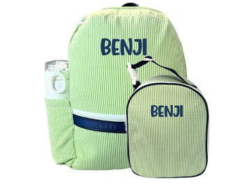 Personalized Seersucker Backpack and Lunchbox Set | Monogrammed Kids Backpack with Side Pockets | Embroidered Lunch Tote | 4 Color Options
