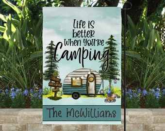 Personalized Camping Flag, Custom Campsite Sign, Camper Gift, RV Campsite Gift, Happy Campers, Family Name Garden Flag, Camper gift