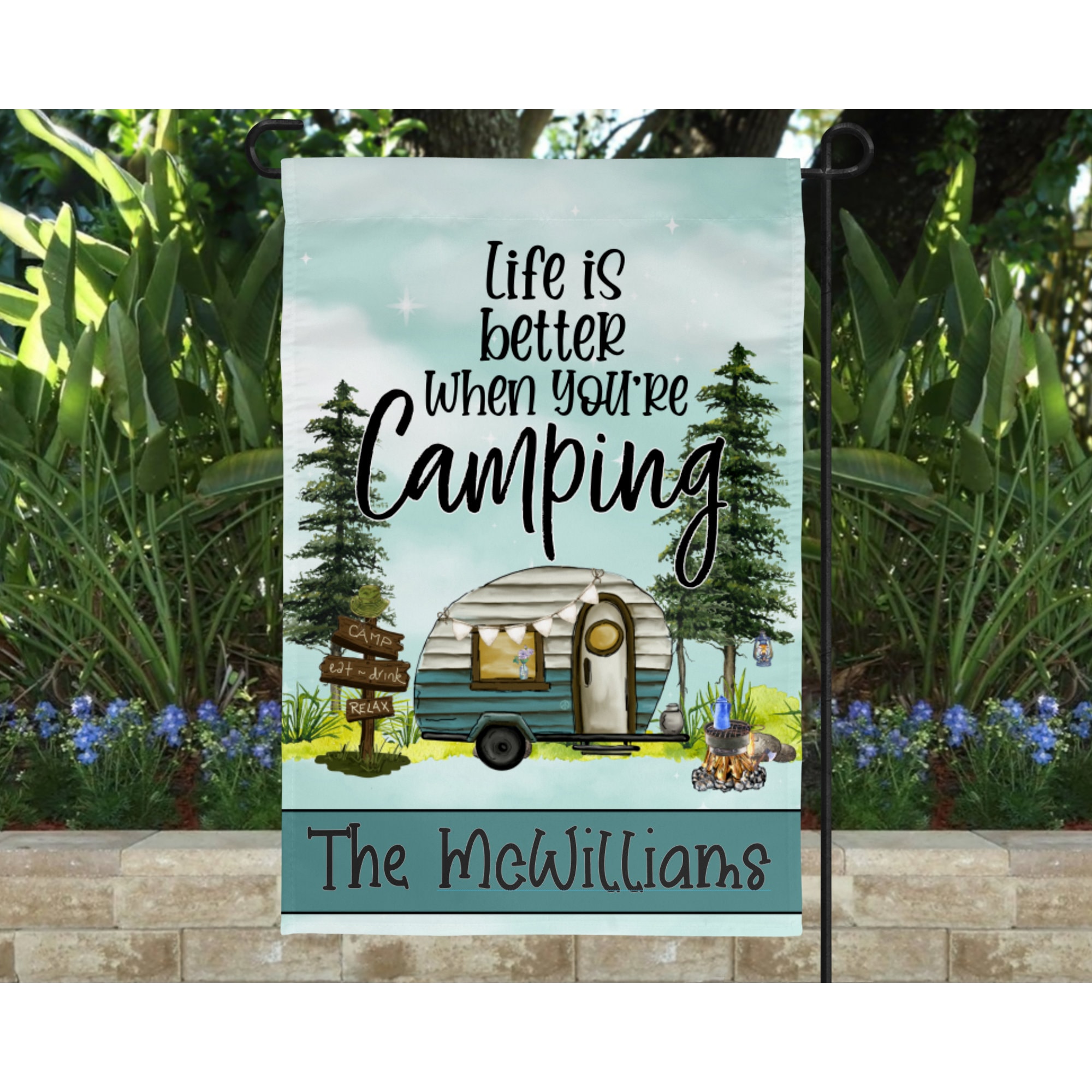 Personalized Camping Flag, Custom Campsite Sign, Camper Gift, RV Campsite Gift, Happy Campers, Family Name Garden Flag, Camper gift