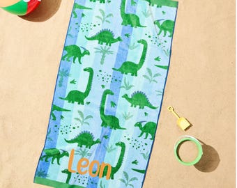 Personalized Kids Beach Towel | Custom Name Towel | Unicorn Shark Dinosaur Construction Butterfly | Embroidered Cotton Towel