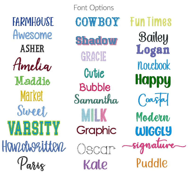 Peut inclure: Image pr&eacute;sentant diff&eacute;rentes options de polices pour la conception de texte. Les polices incluent "Farmhouse", "Cowboy", "Fun Times", "Amelia", "Happy", et bien d'autres, chacune dans un style et une couleur uniques.