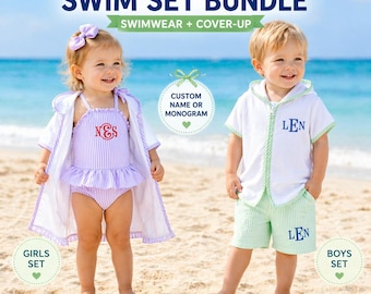 Personalized Kids Swim Set | Swimsuit & Cover Up Bundle | Toddler Bathing Suit with Name | Monogram Beach Outfit | Girls Seersucker Swimwear
