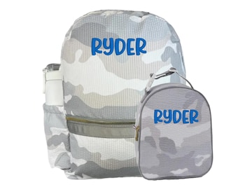 Personalized Seersucker Backpack and Lunchbox Set | Monogrammed Kids Backpack with Side Pockets | Embroidered Lunch Tote | 4 Color Options