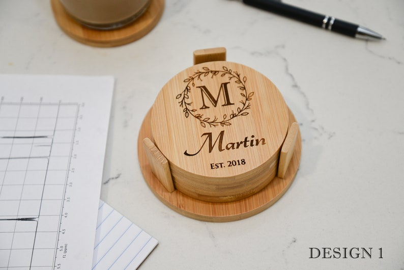 Personalized Round Bamboo coasters set of 4 w/holder Custom image 0