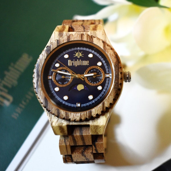 Wood Watch With Moonphase and Perpetual Calendar, Gift For Him Husband & Dad, Limited 100 Editions