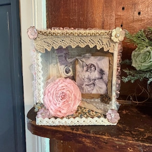 Romantic Shadowbox Assemblage, Mixed Media Diorama Art Box, Shabby Chic Style Decorative Box, Preserved Rose Shadowbox, Decorated Cigar Box