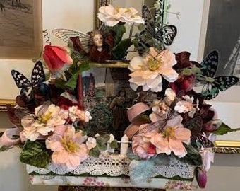 Secret Garden Assemblage, Romantic Butterfly Garden Diorama, Mixed Media Art Assemblage, Vintage Style Assemblage, Spring Assemblage, Roses