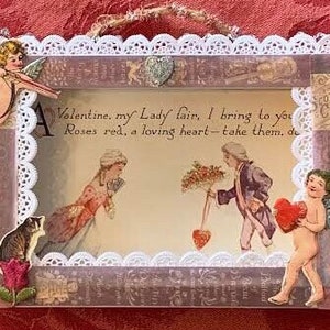 Vintage Valentine Shadowbox Assemblage, Romantic Diorama Mixed Media Valentine, Vintage Postcard Box Art