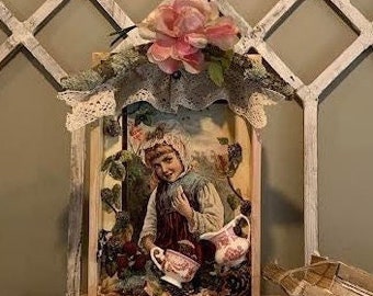 Antique Victorian Die Cut Shadowbox Diorama, Decorative Assemblage, Romantic Decorative Shadowbox
