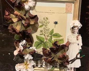 Garden Assemblage, Mixed Media Art, Paper Doll Assemblage, Embellished Frame, Springtime Assemblage, Floral Mixed Media Decoration, Spring,