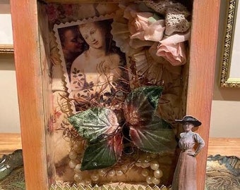 Romantic Shadowbox Assemblage, Vintage Diorama Wall Art, Ephemera Assemblage Butterfly, Mixed Media Art with Found Objects Vintage Trims