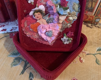 Valentine Decorated Jewelry Box Assemblage , Keepsake Box Art