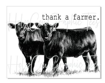 Op de afbeelding: Zwart-witte illustratie van twee koeien die naast elkaar staan. De tekst "thank a farmer." staat boven de koeien.