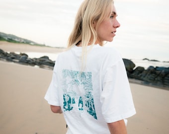 Sustainable Tropic Surf Oversize Shirt (green, pink, black print) handprinted / 100% organic cotton