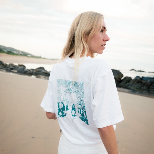 Sustainable Tropic Surf Oversize Shirt (green, pink, black print) handprinted / 100% organic cotton