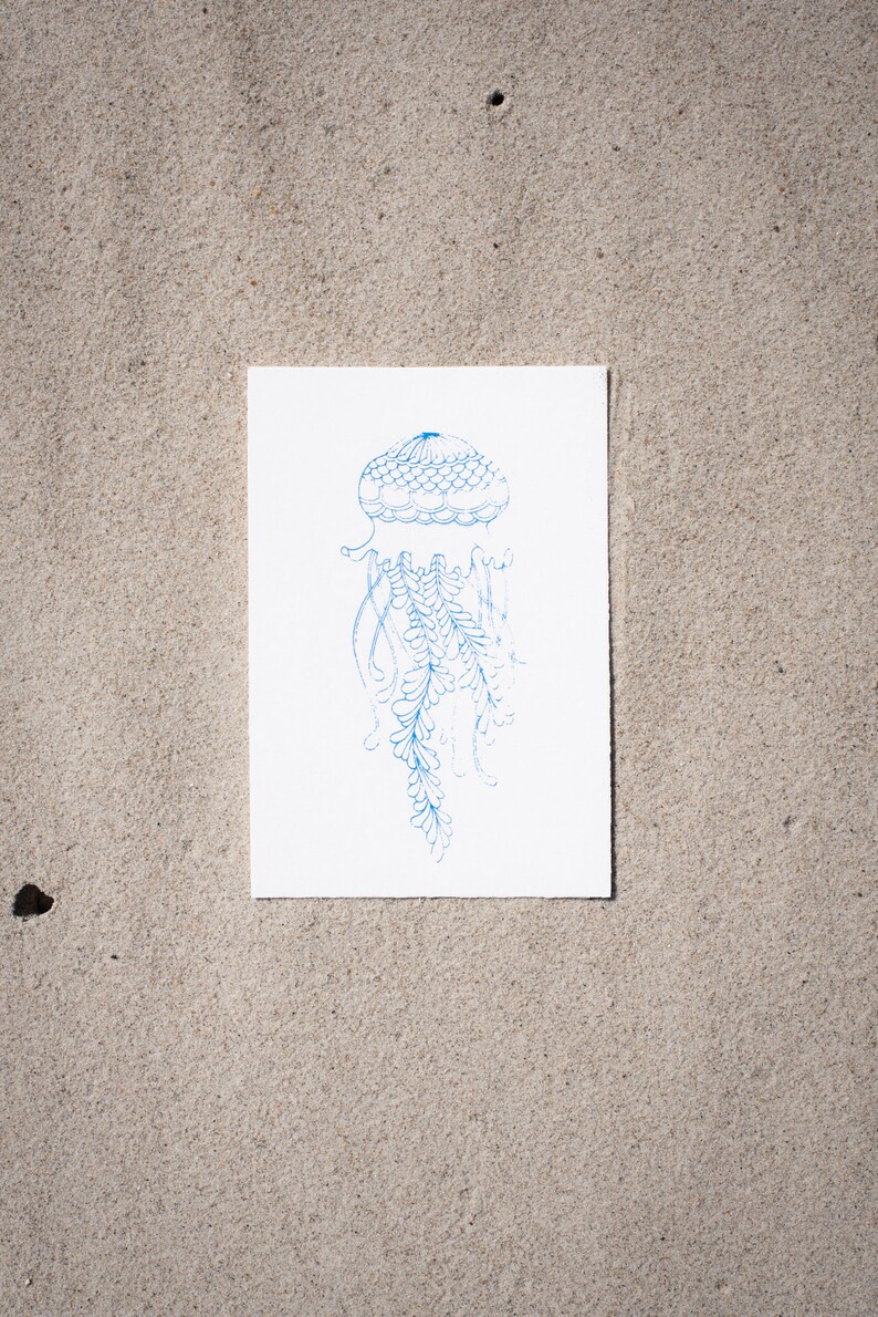 Hand Printed Art Prints Postcards Surferstyle Sea Lovers Nature Qualle blau