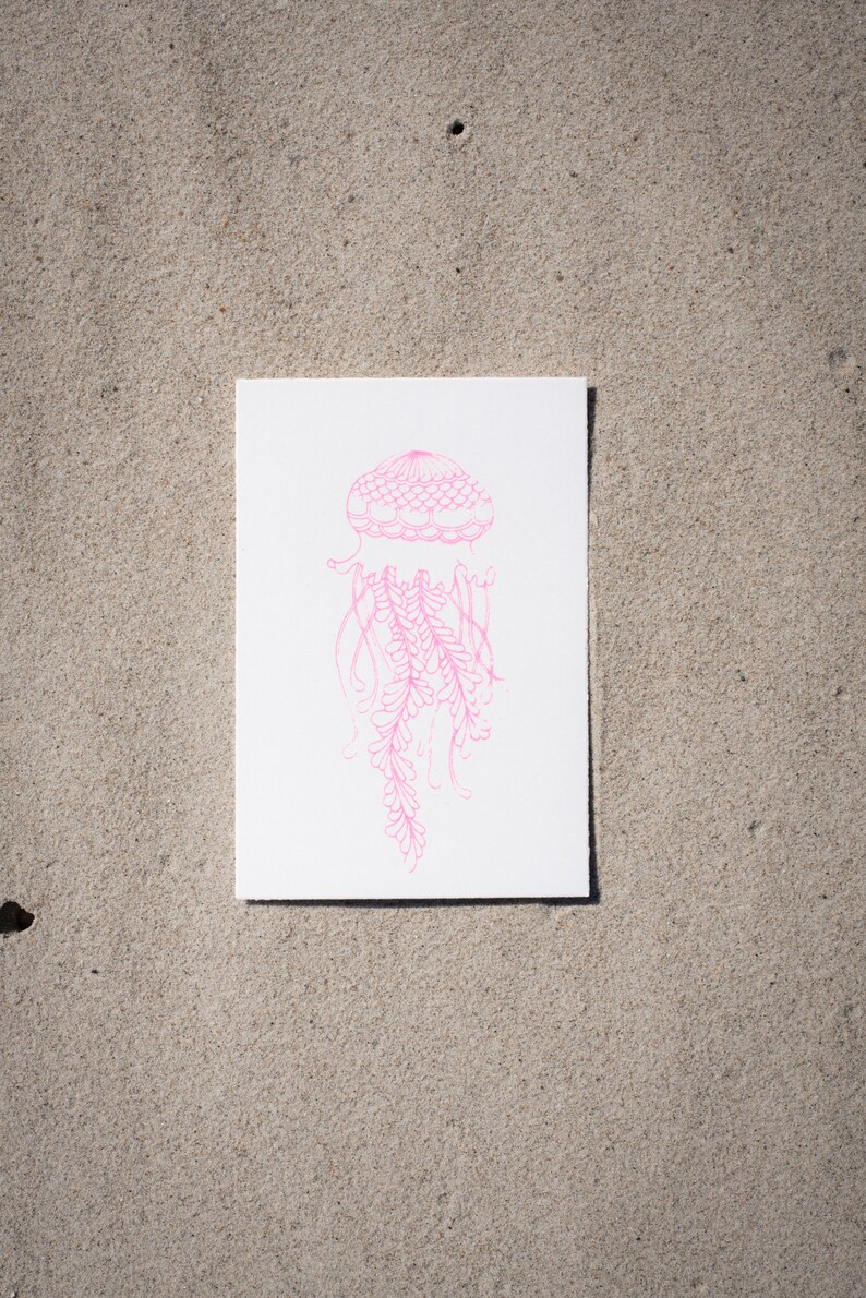 Hand Printed Art Prints Postcards Surferstyle Sea Lovers Nature Qualle pink