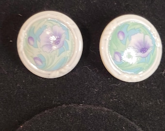 Vintage Genuine Ceramic purple Flower Cameo Pierced Earrings