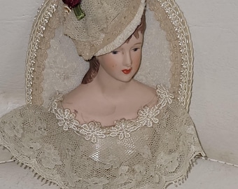 Vintage Ceramic women's Face in lace cloth hanging Ornament made in Taiwan