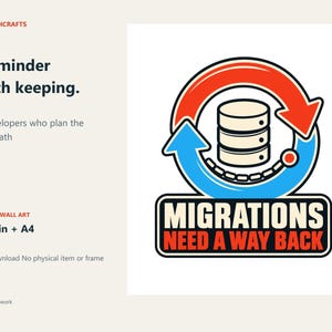 May include: A digital graphic design featuring a central database icon surrounded by a circular red and blue arrow symbol. Below the icon, a black rectangular banner displays the white text MIGRATIONS and the red text NEED A WAY BACK.