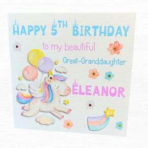 Carte d'anniversaire personnalisée licorne pour enfant, nom et âge personnalisés, fille, petite-fille, nièce, design lumineux et joyeux