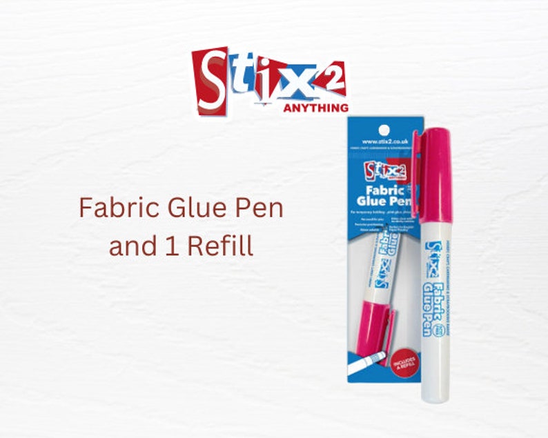 May include: A white fabric glue pen with a pink cap and a clear refill pen. The packaging shows the text "Stix2 Fabric Glue Pen" and "Includes a Refill".