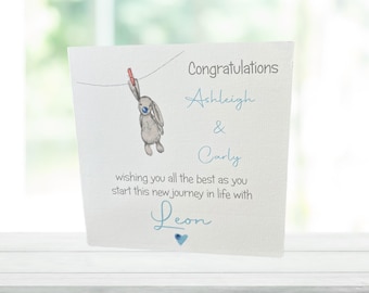 Personalised Adoption Card for Boy: Bunny & Blue Crystals