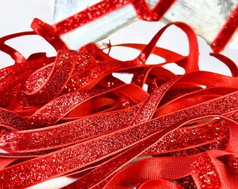 Red Velvet Glitter Christmas Ribbon, Metallic Sparkling Christmas Trim, 10mm Wide, For DIY Crafts, Gift Wrapping, Holiday Decor, and More