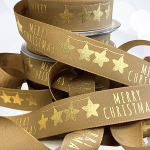 Weihnachtsband, rustikales Taftband mit Gold Metallic Folie Merry Christmas und Sterne Print, 15 mm und 25 mm breit, für alle Weihnachtsarbeiten