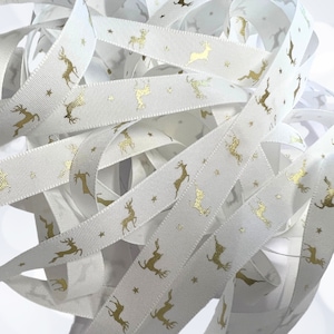 Weihnachtsband, weißes Band mit Rentieren in Goldmetallic, festlicher Rand Perfekt für Geschenkverpackungen, Kranzherstellung und mehr
