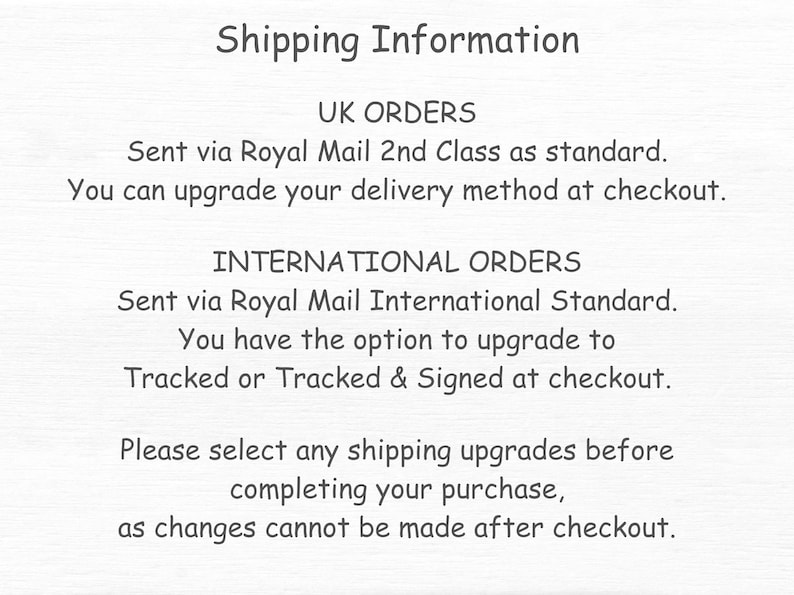 May include: Text on a white background reads "Shipping Information" followed by details about UK and international orders, including shipping methods and upgrade options.