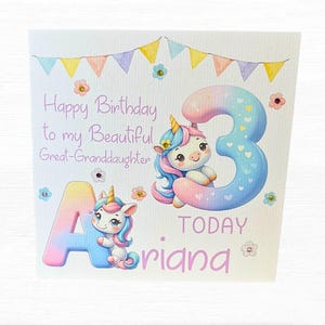 Carte d'anniversaire personnalisée licorne pour enfant, nom et âge personnalisés, fille, petite-fille, nièce, design lumineux et joyeux