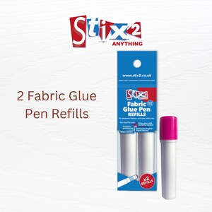 May include: Two white fabric glue pen refills with pink caps in a blue and white box. The box has the text "Stix2 Anything" and "Fabric Glue Pen Refills" on it.