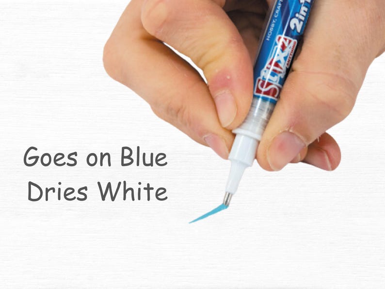 Glue goes on blue and dries clear.