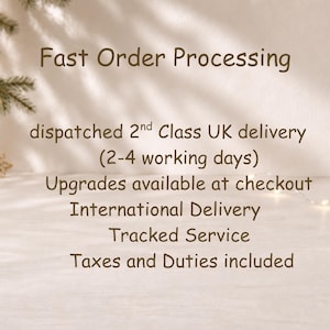 Op de afbeelding: Een lichtgekleurde informatieve afbeelding met donkerbruine tekst die luidt: Fast Order Processing, dispatched 2nd Class UK delivery (2-4 working days), Upgrades available at checkout, International Delivery, Tracked Service, Taxes and Duties included.