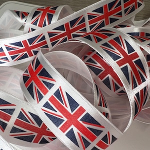 Ruban Union Jack, décoration de fête de rue King Charles Coronation, ruban drapeau britannique parfait pour la décoration de gâteaux, nœuds pour cheveux 25 mm et 35 mm