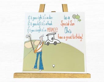 Tarjeta de cumpleaños personalizada con temática de golf: Divertida tarjeta de cumpleaños hecha a mano con temática de golf para papá, hijo, hermano, esposo, amigo.