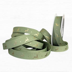 Weihnachtsband, khaki-grünes Band mit Rentieren in Gold-Metallic, festlicher Rand Perfekt für Geschenkverpackungen, Kranzherstellung und mehr