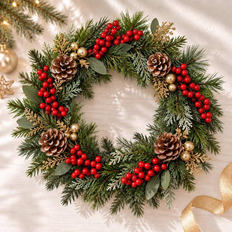 Op de afbeelding: Een ronde kerstkrans gemaakt van kunstmatige groenblijvende takken, voorzien van trossen helderrode bessen, natuurlijke bruine dennenappels en kleine goudkleurige decoratieve bollen, afgewisseld met takjes goudkleurig loof.