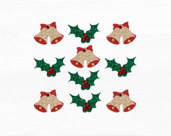 Glitter Jingle Bells & Holly Leaf Stickers, Christmas Embellishments (10 Pack)