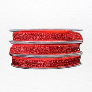Ruban scintillant velours rouge - Ruban artisanal scintillant métallique pour emballage cadeau, Noël, travaux manuels, noeuds et décorations de 10 mm de large