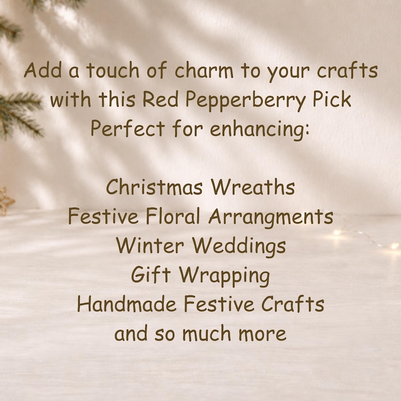 Op de afbeelding: Een grafische afbeelding met donkerbruine tekst op een lichte achtergrond. De tekst luidt: Add a touch of charm to your crafts with this Red Pepperberry Pick Perfect for enhancing: Christmas Wreaths Festive Floral Arrangments Winter Weddings Gift Wrapping Handmade Festive Crafts and so much more.