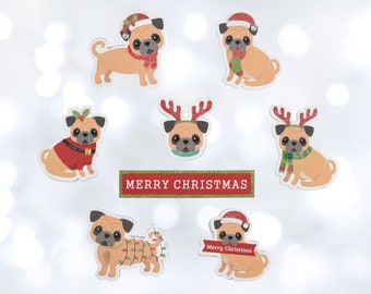 Cute Festive Pugs Craft Embellishments, 8 Per Pack, Self Adhesive, For All Festive and Holiday Crafts, Card Making, Scrapbooking