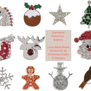 Christmas Buttons, Diamante Loose Back Shank Buttons For Festive and Seasonal Crafts, Sewing, Home Decor, Snowman, Snowflake, Robin, Rudolph