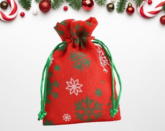 Red Christmas Jute Bag, White Snowflake Print (140mm x 100mm)