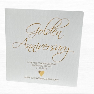 Carte d'anniversaire de mariage personnalisée en or - 50e anniversaire de mariage, noms et date personnalisés, calligraphie dorée élégante, souvenir fait main