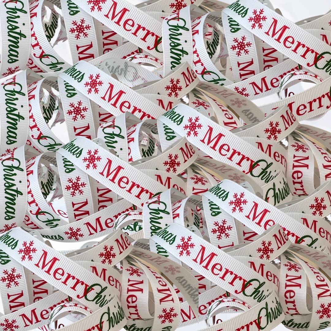 White Grosgrain Christmas Ribbon With Merry Christmas Print, 16mm Wide