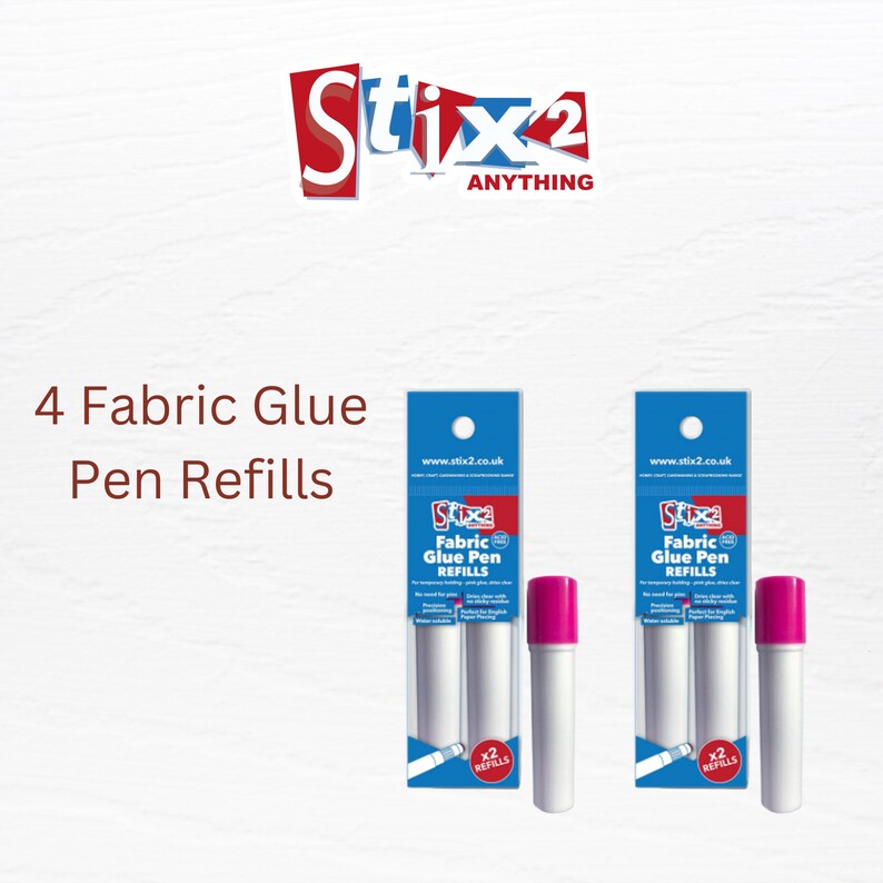 May include: Two packs of Stix2 Fabric Glue Pen Refills, each pack containing two white glue pens with pink caps. The packaging is blue and white with the Stix2 logo and the text "Fabric Glue Pen Refills".